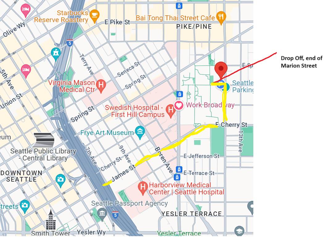 From the Broadway Garage,exit at the North end, make a right and go ...